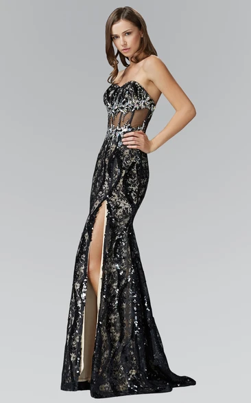 Sweetheart Sheath Prom Dress with Beading Split Front and Sleeveless Lace Back