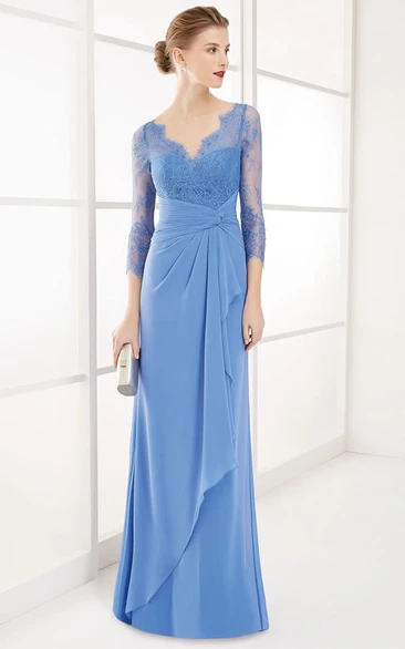 Draped Sheath Chiffon Prom Dress V-Neck Lace Maxi 3/4 Sleeves