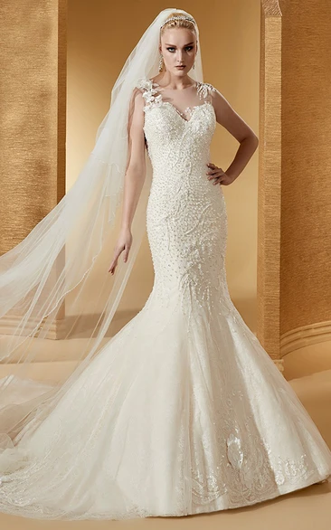 Mermaid Lace Wedding Dress with Cap Sleeves and Illusive Appliques