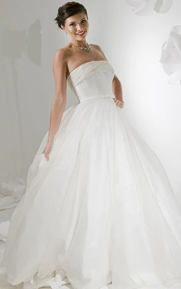 A-Line Strapless Satin Wedding Dress with Chapel Train and Backless Style Sleeveless Long