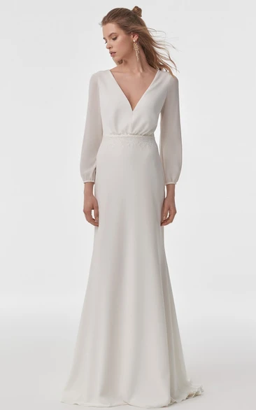 Simple Chiffon Sheath Wedding Dress with V-neck and Long Sleeves Casual Wedding Dress