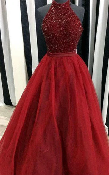 Sleeveless Ball Gown Halter Sequins Dress Floor-length Unique