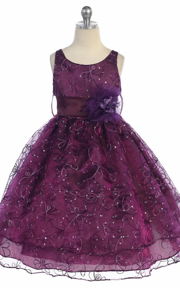 Floral Embroidered Tea-Length Flower Girl Dress with Ribbon Unique Organza Sequins