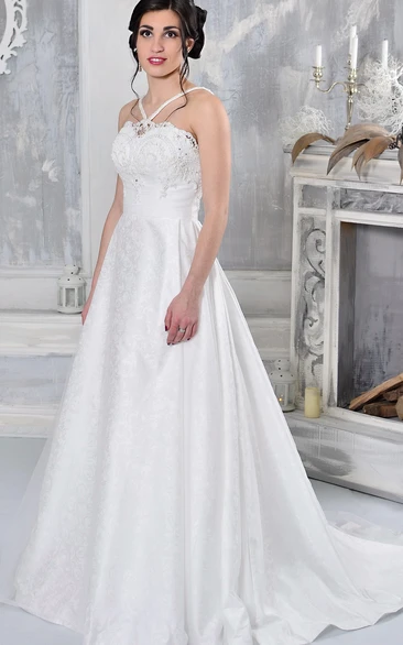 Satin Appliqued A-Line Wedding Dress Long Sleeveless Bridal Gown