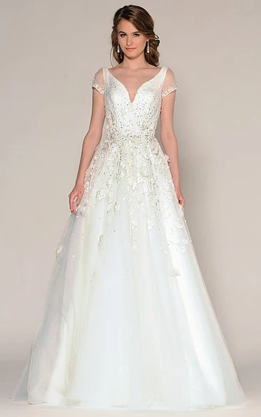 Beaded V-Neck Tulle Wedding Dress with Embroidery A-Line Floor-Length Bridal Gown