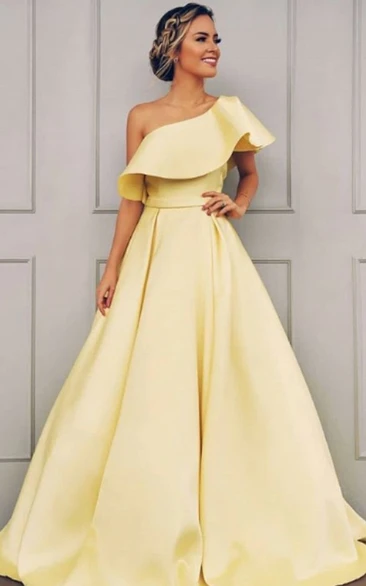 Satin One-shoulder Sleeveless A Line Evening Dress with Brush Train Elegant Women's Dress