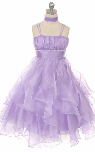 Tiered Organza Flower Girl Dress with Sash Ankle Length