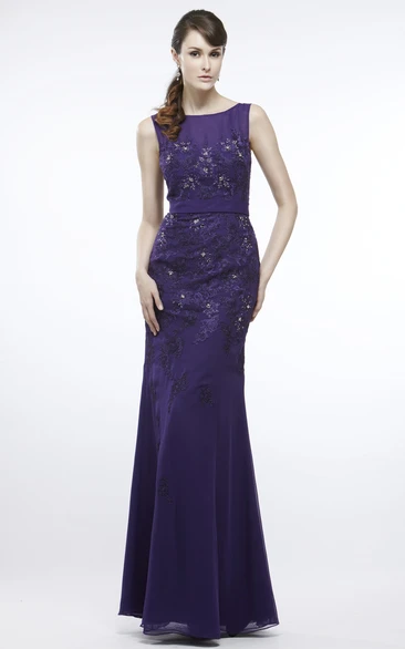 Sleeveless Scoop-Neck Appliqued Chiffon Prom Dress with Beading Elegant Formal Dress