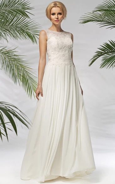 Chiffon Floor-Length A-Line Wedding Dress with Scoop Neck and Appliques