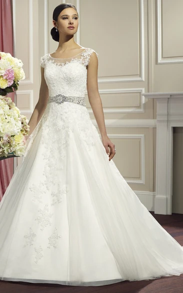 Lace Appliqued A-Line Wedding Dress with Cap Sleeves and V-Back