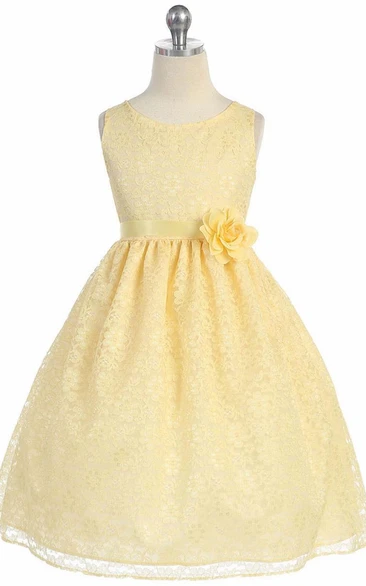 Lace Tea-Length Flower Girl Dress with Floral Design