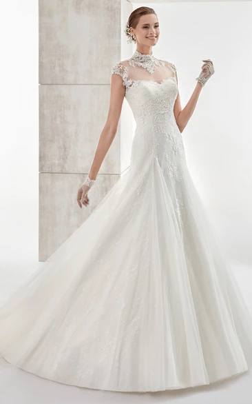 Lace Applique Illusion High-Neck Cap-Sleeve Wedding Dress