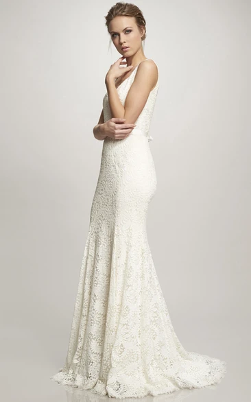 Bowed V-Neck Lace Wedding Dress with Brush Train Unique Bridal Gown