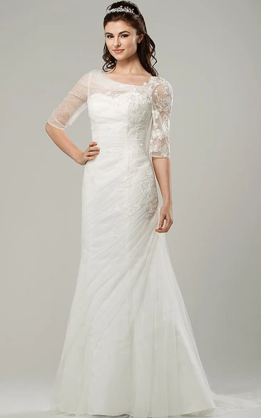 Half-Sleeve Tulle Wedding Dress with Ruched Scoop-Neck & Sweep Train