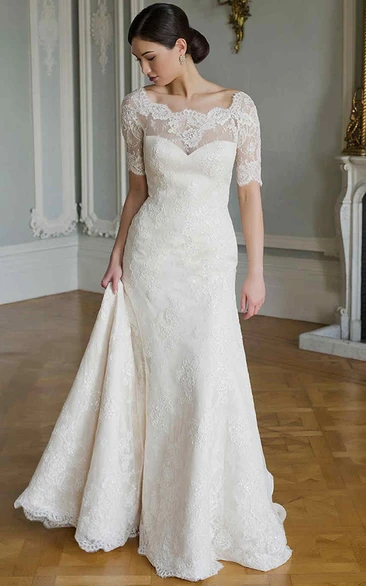Scoop-Neck Sheath Lace Wedding Dress Illusion Casual Bridal Gown