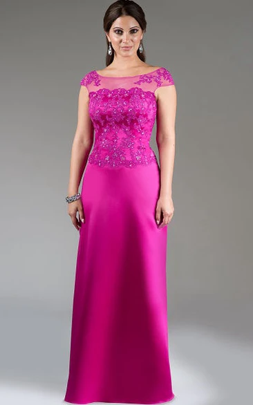 Satin Mother of the Bride Dress with Crystal Details Cap Sleeve Appliqued Top Long