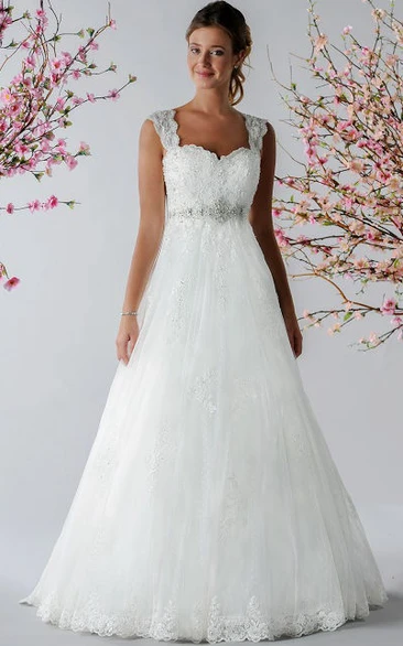 A-Line Tulle Bridal Gown with Beading Waist and Lace Wedding Dress