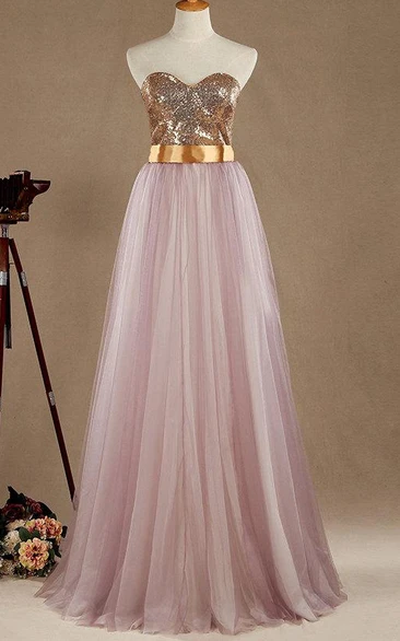 Sequin Tulle & Satin Maxi Dress Sweetheart Bridesmaid Gown