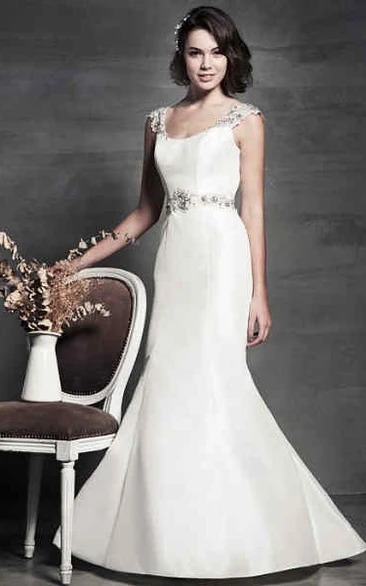 Beaded Cap-Sleeve V-Neck Satin Wedding Dress with Waist Jewelry Mermaid Style