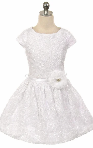 Pleated Tiered Tulle & Sequins Tea-Length Flower Girl Dress Flowy Dress for Girls