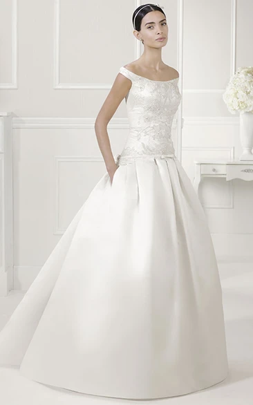 Off Shoulder Satin Bridal Ball Gown with Bow Sash Drop Waist Elegant Wedding Dress