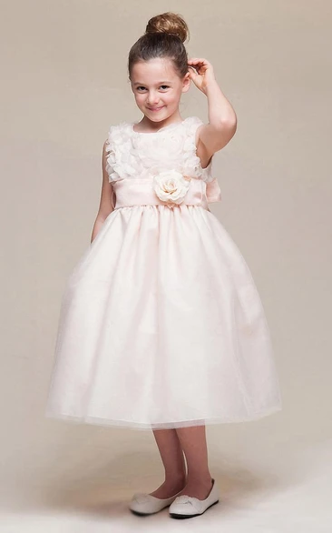 Embroidered Tiered Tulle Flower Girl Dress with Floral Empire Waist