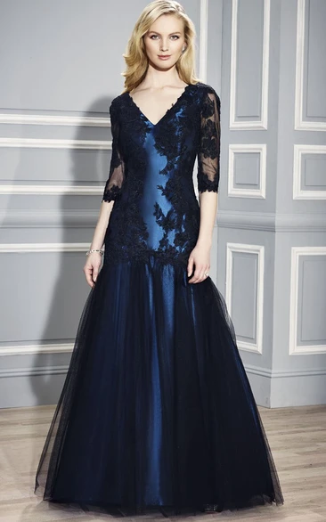 Satin Mermaid Floor-Length Formal Dress with V-Neck and Half Sleeves