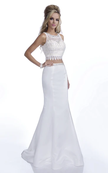 Trumpet Crop Top Sleeveless Prom Dress with Lace Bodice