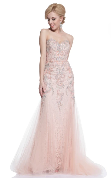 Sleeveless Sweetheart Sheath Tulle Lace Formal Dress with Beading