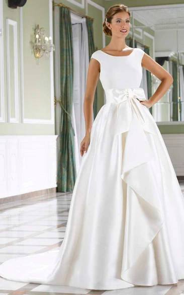 Satin Short-Sleeve A-Line Wedding Dress with Draped Scoop Neckline and Bow