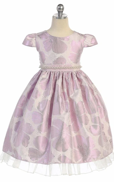 Cap-Sleeve Tea-Length Flower Girl Dress with Beaded Organza and Ruffles