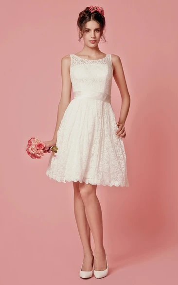 Lace Sleeveless A-Line Short Wedding Dress with Scoop Neckline