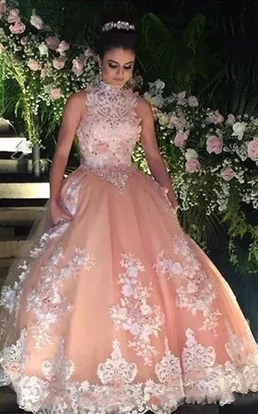 Lace Tulle Ball Gown Prom Dress with Beading and Appliques