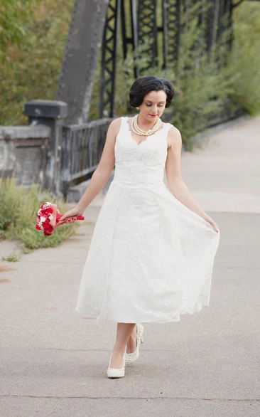 Tea-Length Lace Wedding Dress with Runaround Sue Style