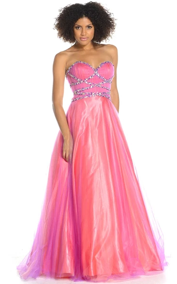 A-Line Tulle&Satin Sleeveless Prom Dress Beaded Sweetheart Floor-Length Ruched