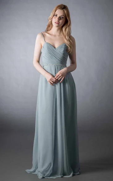 Long Sleeveless Spaghetti Sheath Chiffon Bridesmaid Dress Criss-Cross