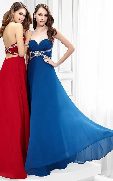 Floor-Length Sleeveless Sweetheart Chiffon Prom Dress Unique Prom Dress with Crystal Embellishments