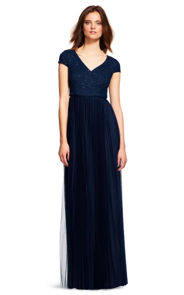 Sequined Sheath Bridesmaid Dress Lace Cap-Sleeve V-Neck Pleated