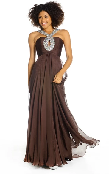 Long A-Line Chiffon Prom Dress with Beaded Sleeveless Bodice and Zipper Back