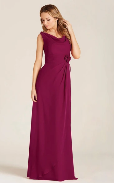 Draped Cowl-Neck Chiffon Bridesmaid Dress Floor-Length with Flower and Zipper