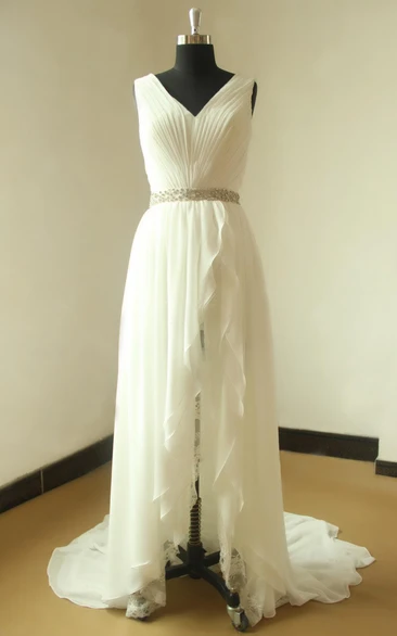 Chiffon Lace Wedding Dress with Beaded Sash Ribbon
