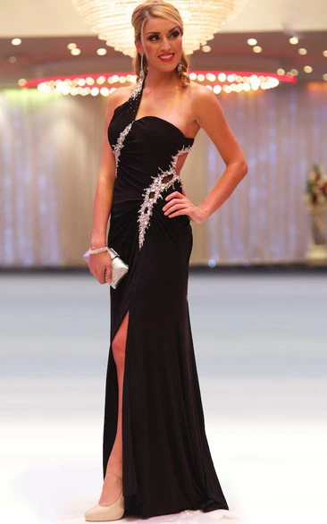 One-Shoulder Beaded Chiffon Prom Dress with Split Front Long Sleeveless Sheath