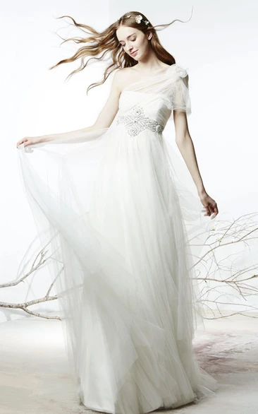 One-Shoulder Tulle Wedding Dress Empire Floral Sheath Bridal Gown