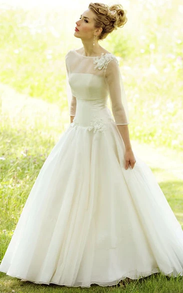 Floral Chiffon Long-Sleeve Wedding Dress Floor-Length Elegant Bridal Gown