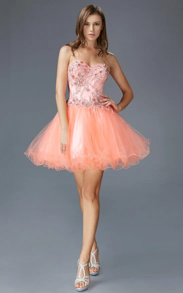 Short A-Line Sweetheart Tulle Satin Dress with Beading for Prom