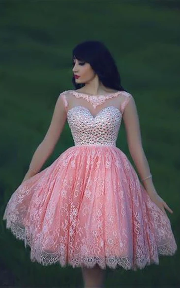 Unique Pink Homecoming Dress with Beadings and Lace Appliques