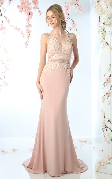 V-Neck Sleeveless Sheath Bridesmaid Dress with Appliques and Waist Jewelry in Jersey Fabric