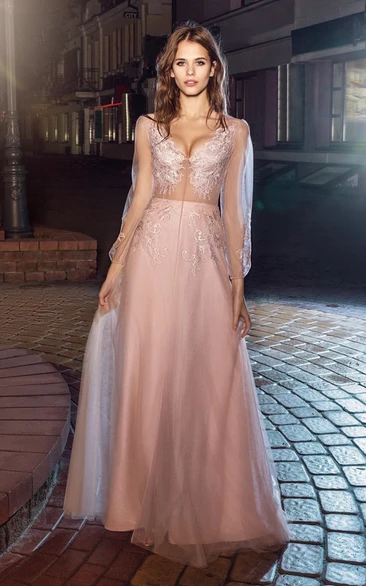 Maxi Illusion Tulle A-Line Dress with Appliques and Puff Sleeves