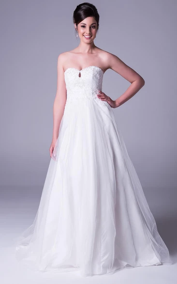 Appliqued Tulle and Satin Wedding Dress with Beading A-Line Strapless Appliqued Floor-Length Wedding Dress