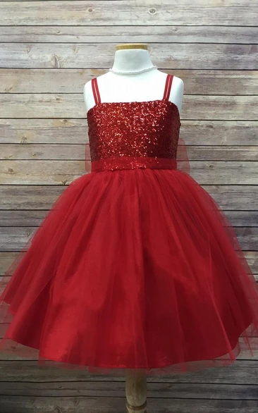 Spaghetti Tea-Length Sequin Tulle Flower Girl Dress